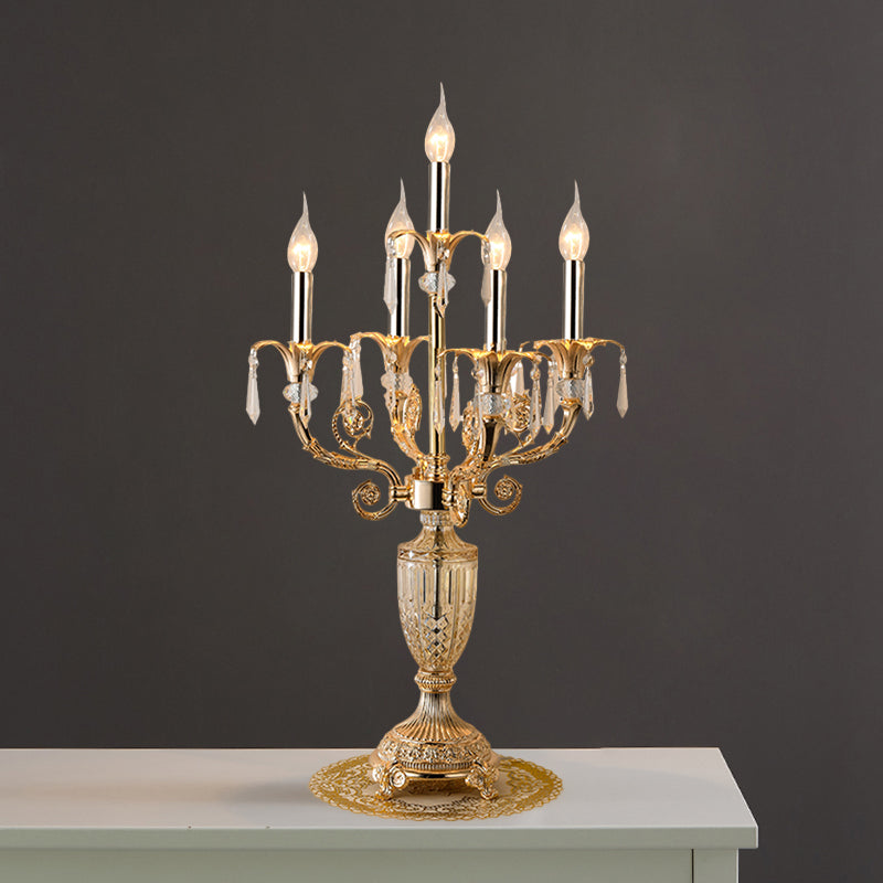 5 Lampenkristall Speere Tisch Leuchtt traditionelle Gold Candlestick Parlour Nachttischlampe mit/ohne Stoff Glocke Schatten
