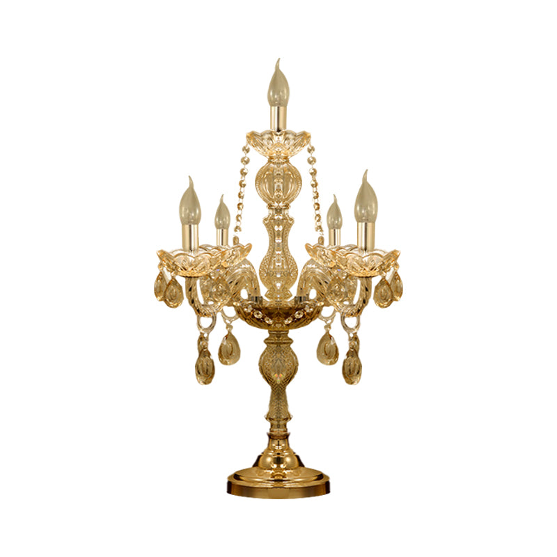 5/6 têtes Candelabra Table Light Traditional Gold Crystal Droplets Tablette de nuit avec / Sans nuance de tissu de cloche blanche