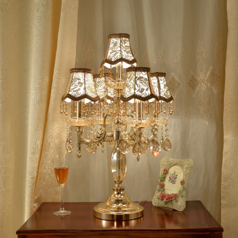 5 Heads Candle Nightstand Lamp Traditional Gold Crystal Draping Table Light with Peony-Patterned Shade