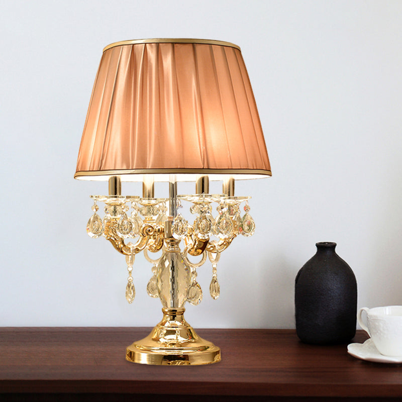 Metal Candelabra Shaded Table Light Traditional 4 Heads Sleeping Room Nightstand Lamp in Gold with Crystal Raindrops