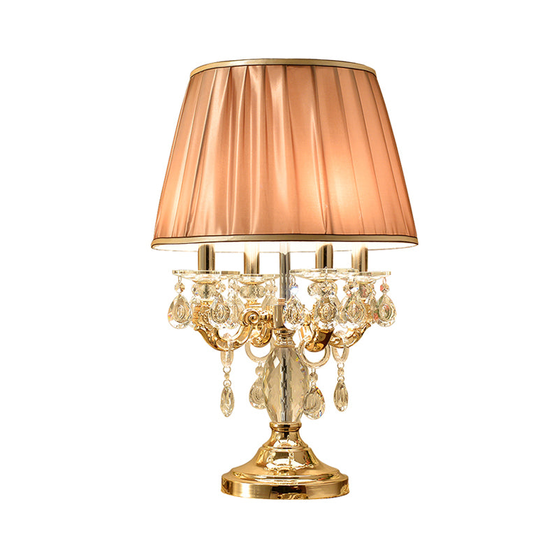Metal Candelabra Shaded Table Light Traditional 4 Heads Sleeping Room Nightstand Lamp in Gold with Crystal Raindrops