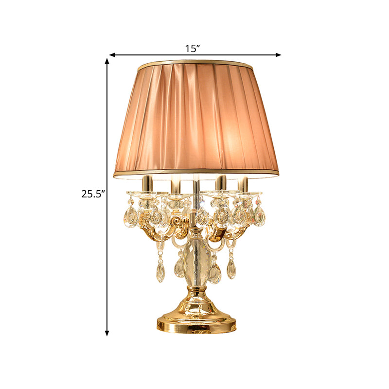 Metal Candelabra Shaded Table Light Traditional 4 Heads Sleeping Room Nightstand Lamp in Gold with Crystal Raindrops