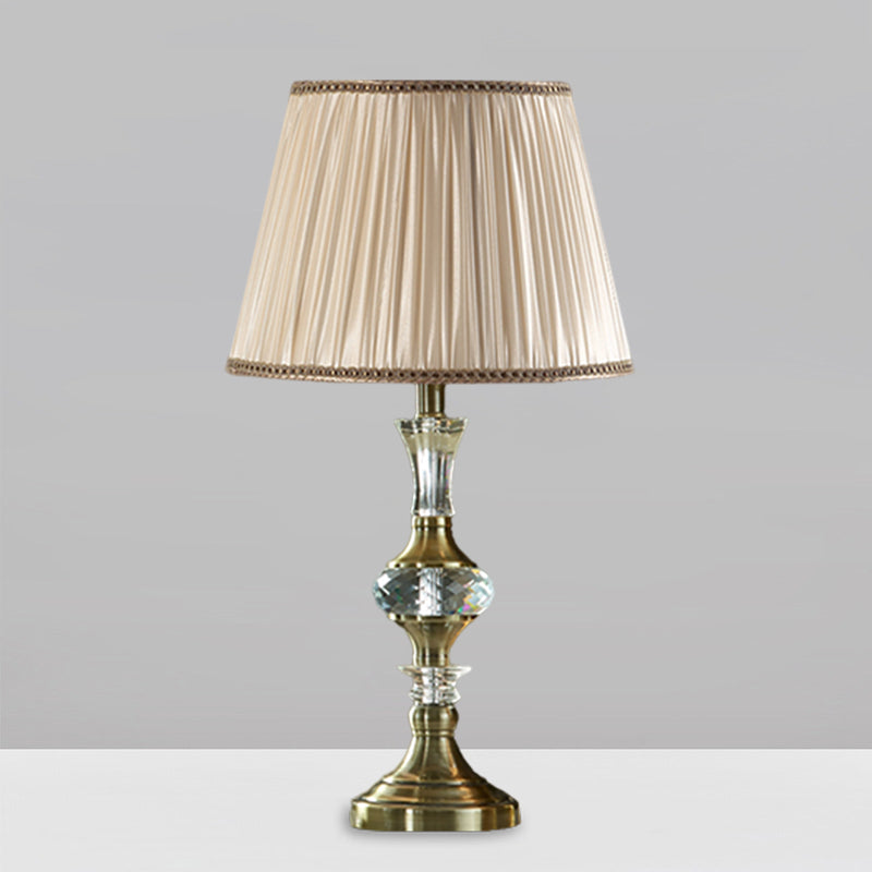 Fabric Beige Night Stand Lamp Tapered Pleated Shade 1 Bulb Traditional Table Light with Crystal Balls