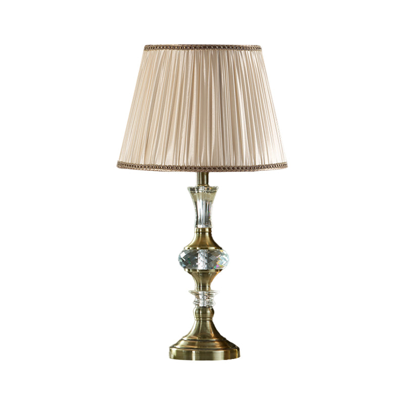 Fabric Beige Night Stand Lamp Tapered Pleated Shade 1 Bulb Traditional Table Light with Crystal Balls