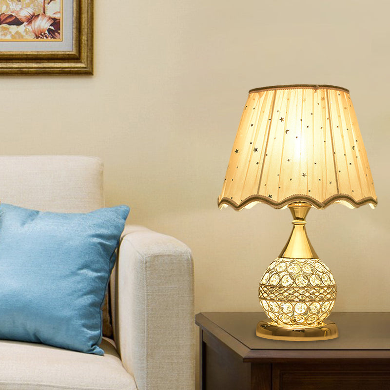 Crystal Embedded Gold Nightstand Lamp Sphere Framed 1 Bulb Traditional Table Light with Star-Patterned Shade