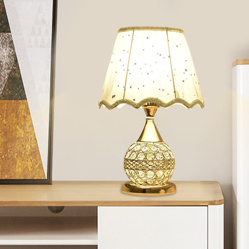 Crystal Embedded Gold Nightstand Lamp Sphere Framed 1 Bulb Traditional Table Light with Star-Patterned Shade