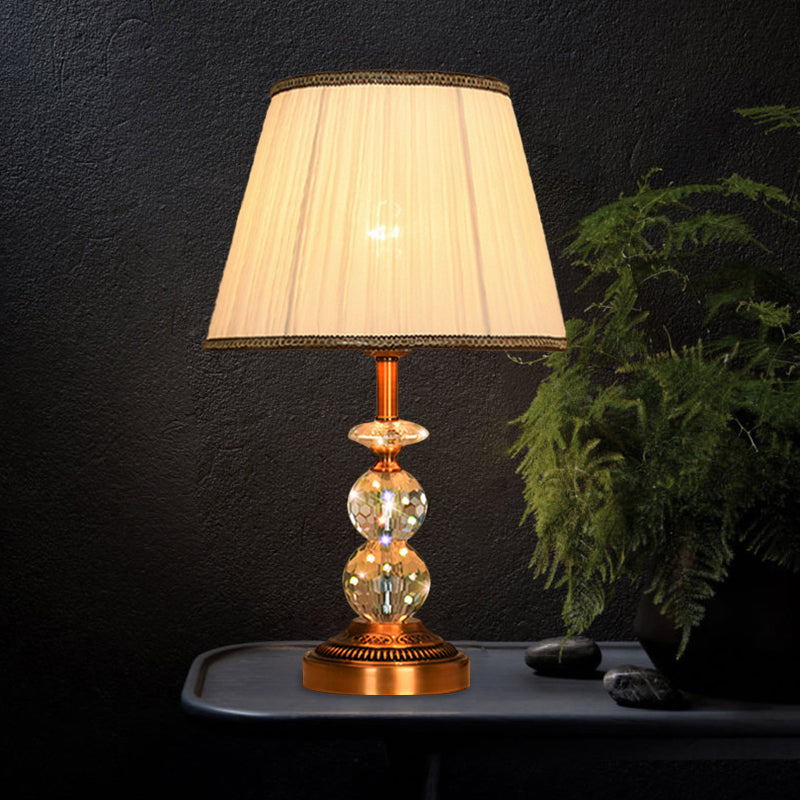 1 Bulb Pleated Fabric Night Stand Lamp Traditional Pink and White/Pink/Coffee Cylinder/Tapered Parlor Table Light with Faceted Crystal Orbs
