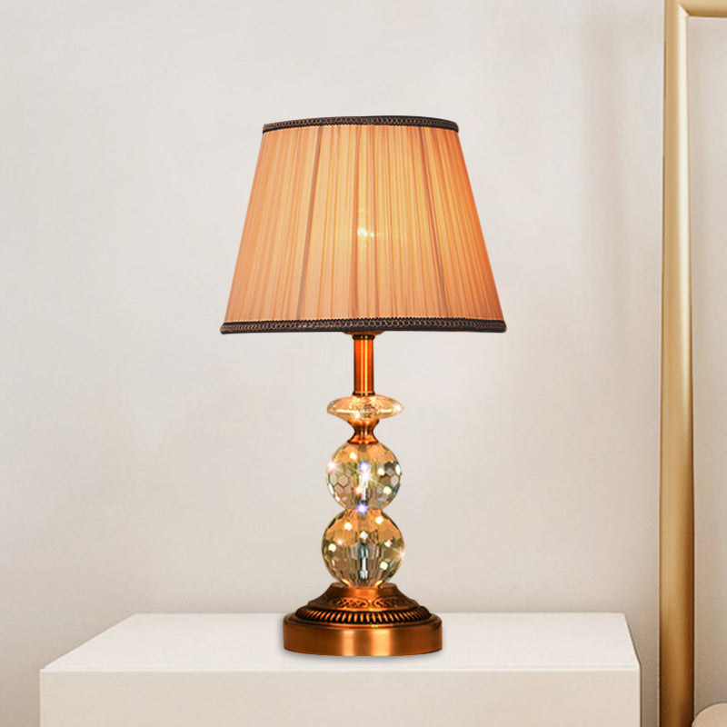 1 Bulb Pleated Fabric Night Stand Lamp Traditional Pink and White/Pink/Coffee Cylinder/Tapered Parlor Table Light with Faceted Crystal Orbs