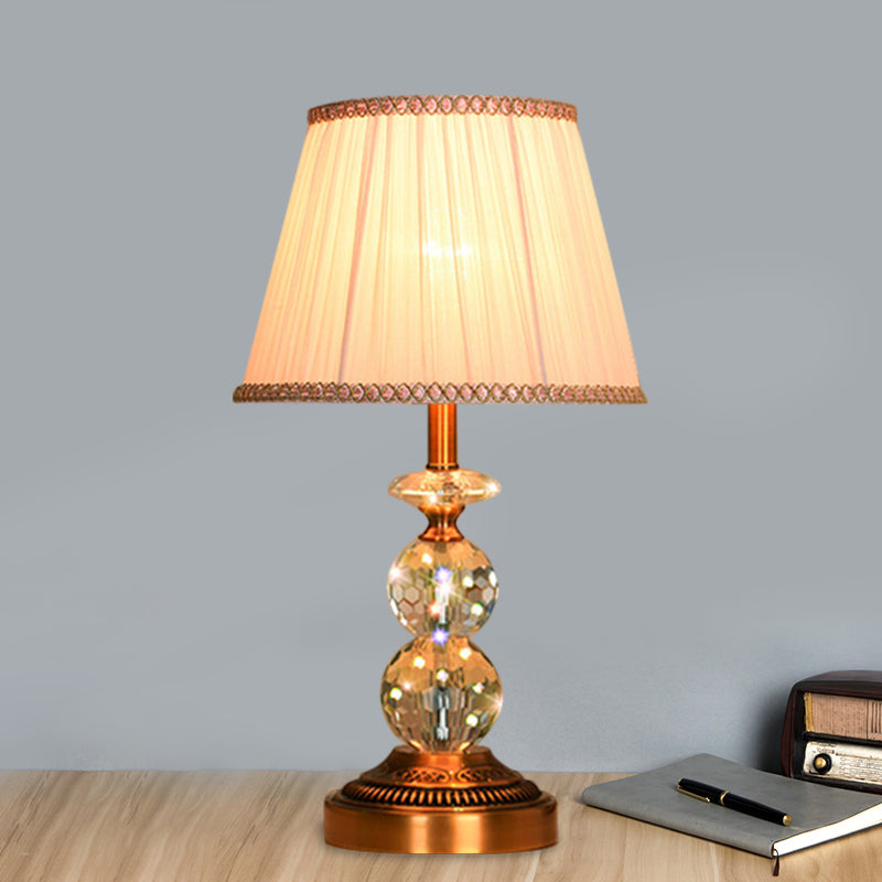 1 Bulb Pleated Fabric Night Stand Lamp Traditional Pink and White/Pink/Coffee Cylinder/Tapered Parlor Table Light with Faceted Crystal Orbs