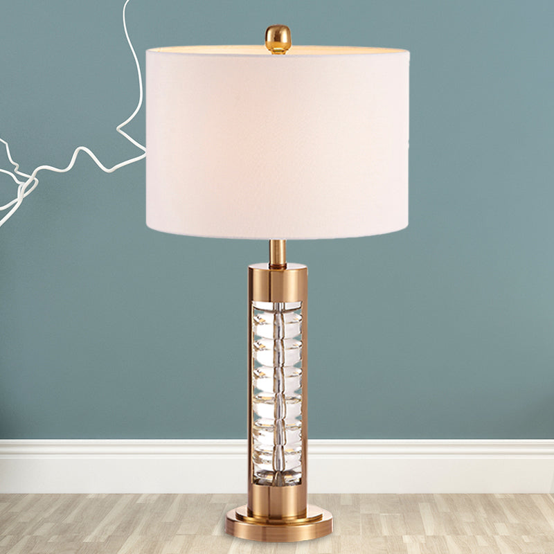 1 Kopf rund Schatten Nachttisch Lampe Traditionelle weiße Stofftischleuchte mit goldener Metallbasis
