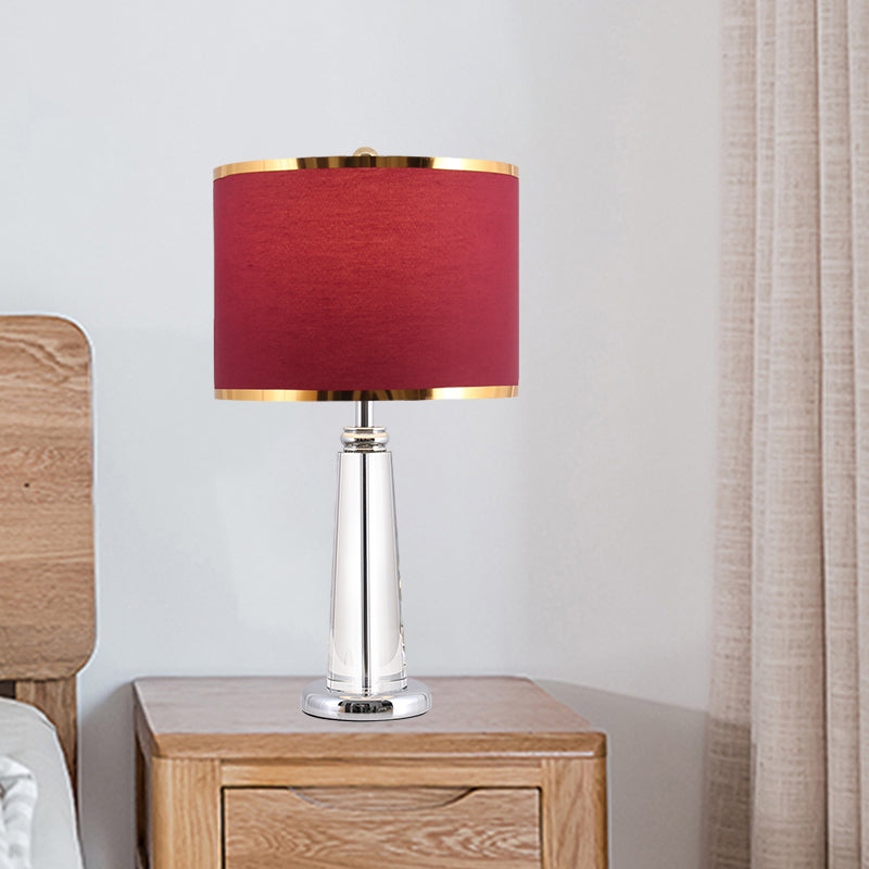 Lampada da comodino circolare bordeaux con paralume in tessuto tradizionale, 1 lampadina, lampada da tavolo da camera da letto con lampione in cristallo