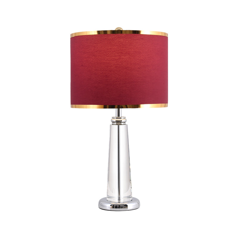 Lampada da comodino circolare bordeaux con paralume in tessuto tradizionale, 1 lampadina, lampada da tavolo da camera da letto con lampione in cristallo