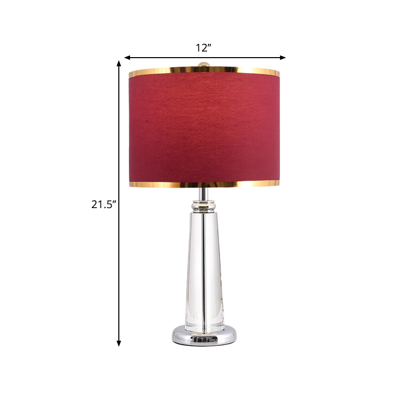 Lampada da comodino circolare bordeaux con paralume in tessuto tradizionale, 1 lampadina, lampada da tavolo da camera da letto con lampione in cristallo