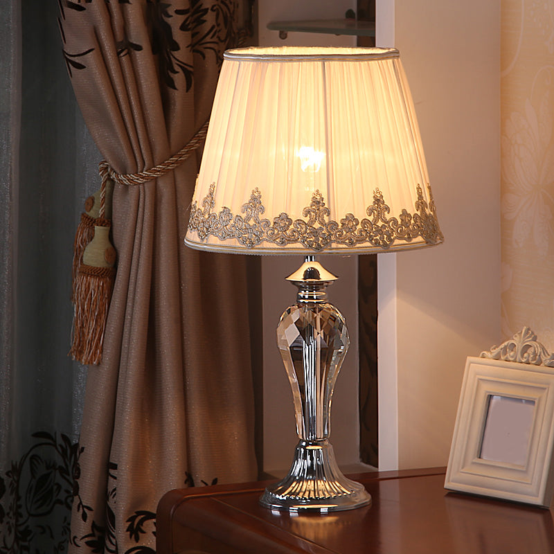 Tapered Pleated Shade Fabric Nightstand Lamp Traditional 1 Head Great Room Crystal Table Light in White