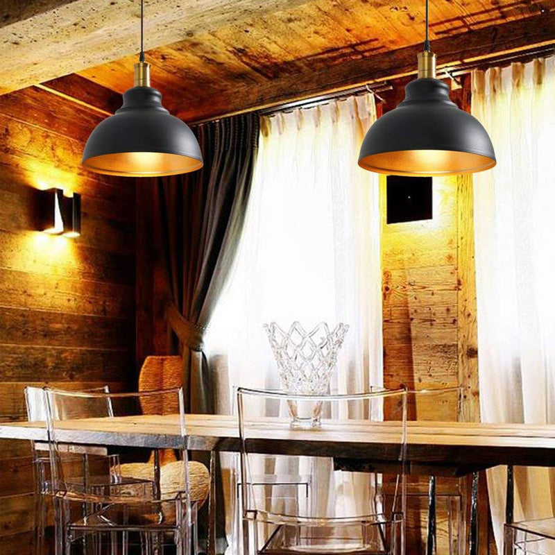 Éclairage pendentif en forme de dôme vintage 1 lumière de métal léger Lumière en noir pour salle à manger