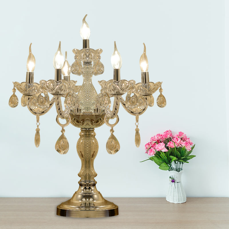 Candelabra Schlafzimmer Tisch Licht traditioneller klarer Kristall 5/6/7 Köpfe Chrome Night Stand Lampe