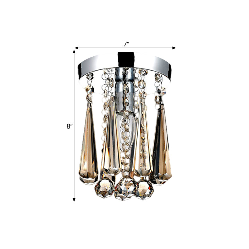Contemporary Round Canopy Flush Mount 1 Head Cognac/Clear Crystal Droplets Close to Ceiling Lamp