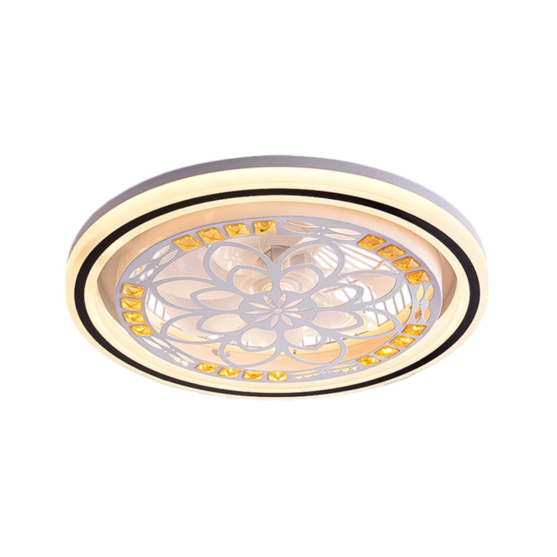 21.5' W LED Crystal Blocks Hanging Fan Lamp Contemporary White Round Dinning Room Semi Flush Light with 7 Blades