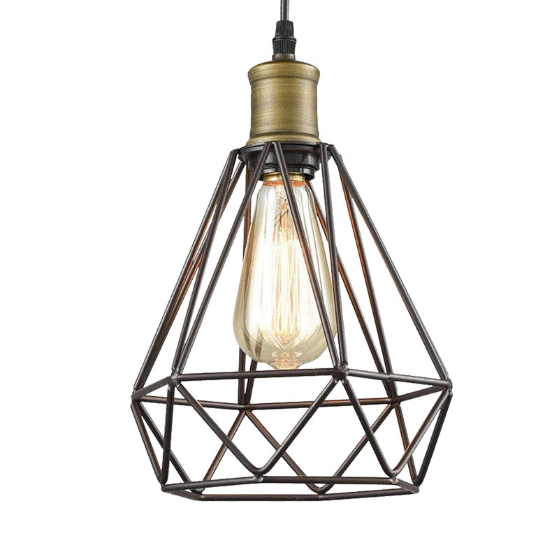 Vintage Diamond Caged Shade Hanging Ceiling Light 1 Bulb Metal Pendant Lighting in Bronze
