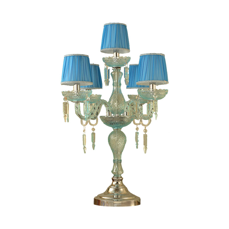 Kristalblauw nachtkastje lamp kandelaar 5/6/7 bollen traditionele slaapkamer tafellicht met vat stof schaduw