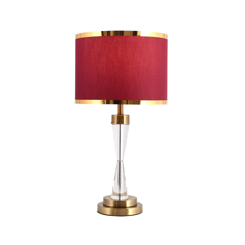 Fabric Shade Red Table Light Round 1 Head Traditional Crystal Night Stand Lamp for Living Room