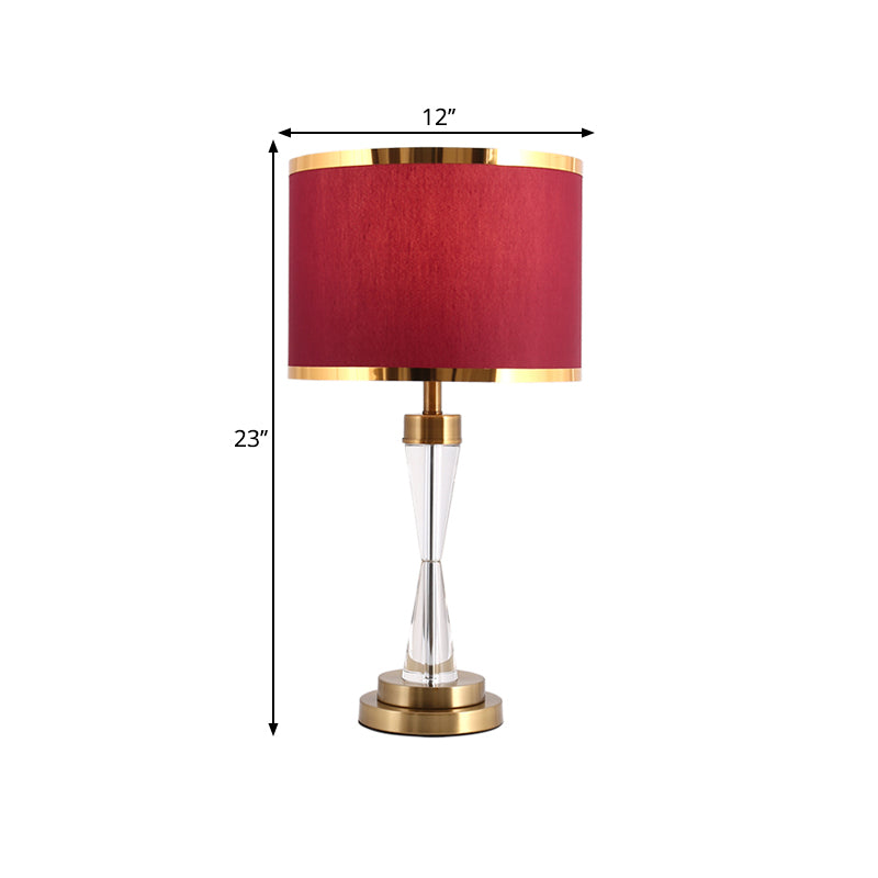 Fabric Shade Red Table Light Round 1 Head Traditional Crystal Night Stand Lamp for Living Room