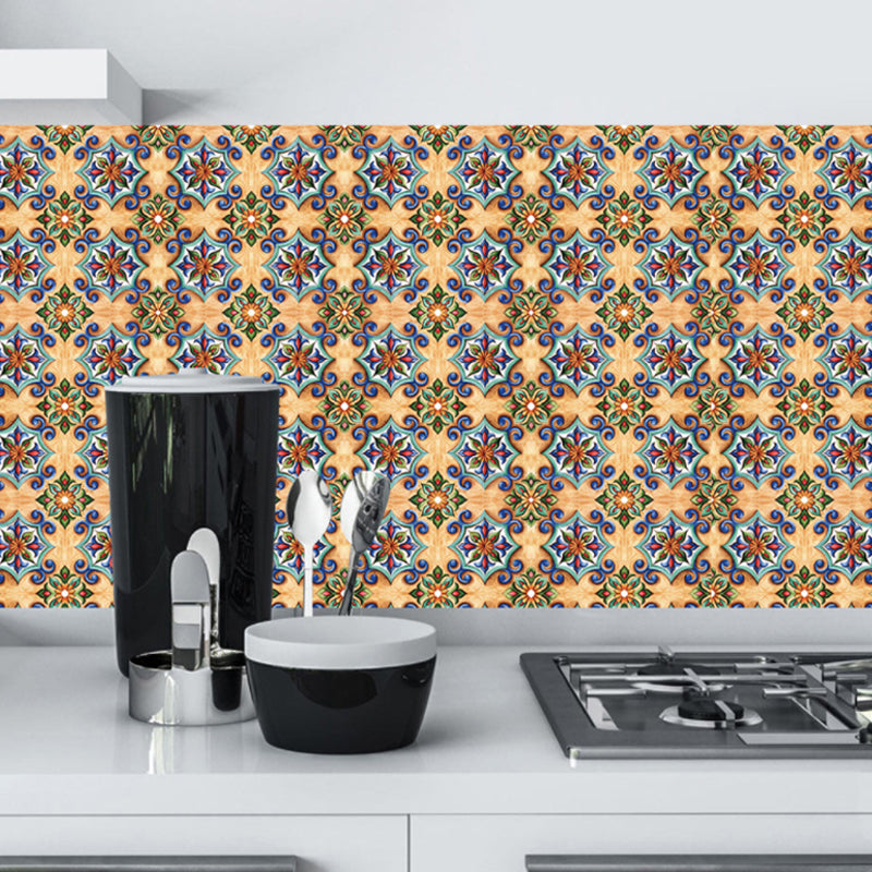 Floral Moroccan Tiles Wallpaper Panel Boho PVC Wall Art in Blue-Brown, Easy Peel off
