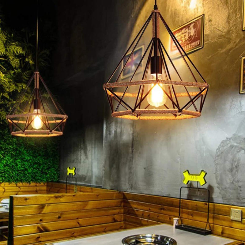 Black Diamond Cenderant Affermazione Vintage Metal and Rope 1 Light Coffee Shop lampada con gabbia