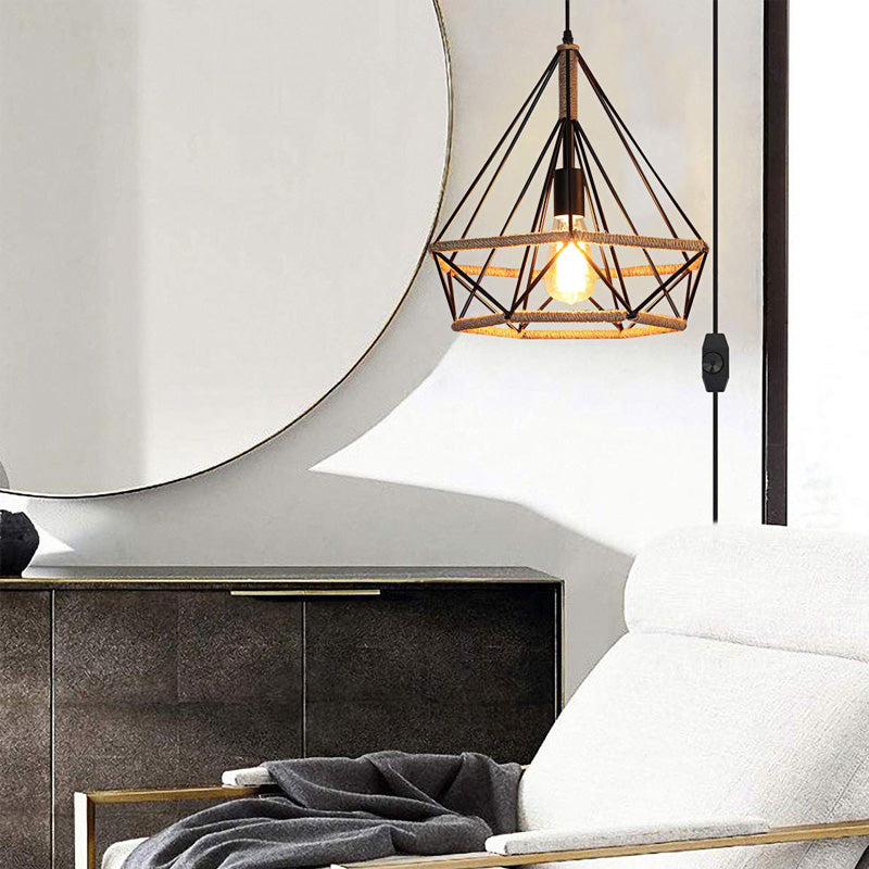Black Diamond Cenderant Affermazione Vintage Metal and Rope 1 Light Coffee Shop lampada con gabbia