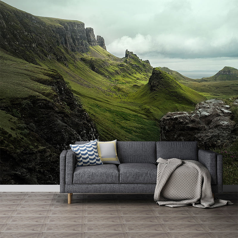 Green Mountainside Scenery Mural Wallpaper Moisture Resistant Wall Covering for Home