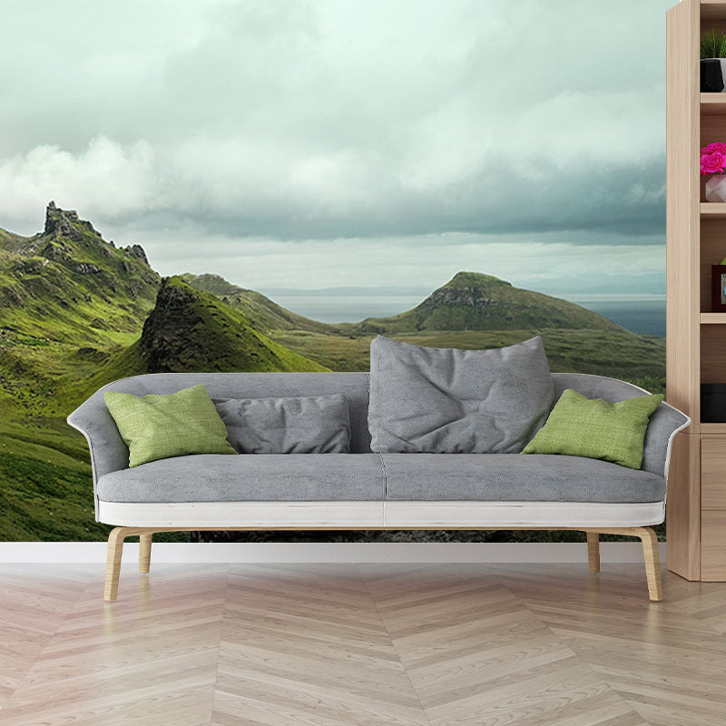 Green Mountainside Scenery Mural Wallpaper Moisture Resistant Wall Covering for Home