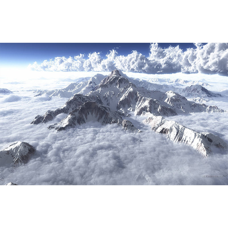 Mountain and Cloud Sea Mural Modern Non-Woven Fabric Wall Decor in White for Home