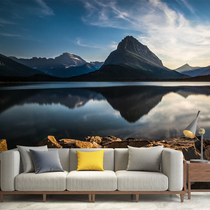 Sunrise Mountain Lake Reflection Mural Brown Modernism Wall Covering for Bedroom