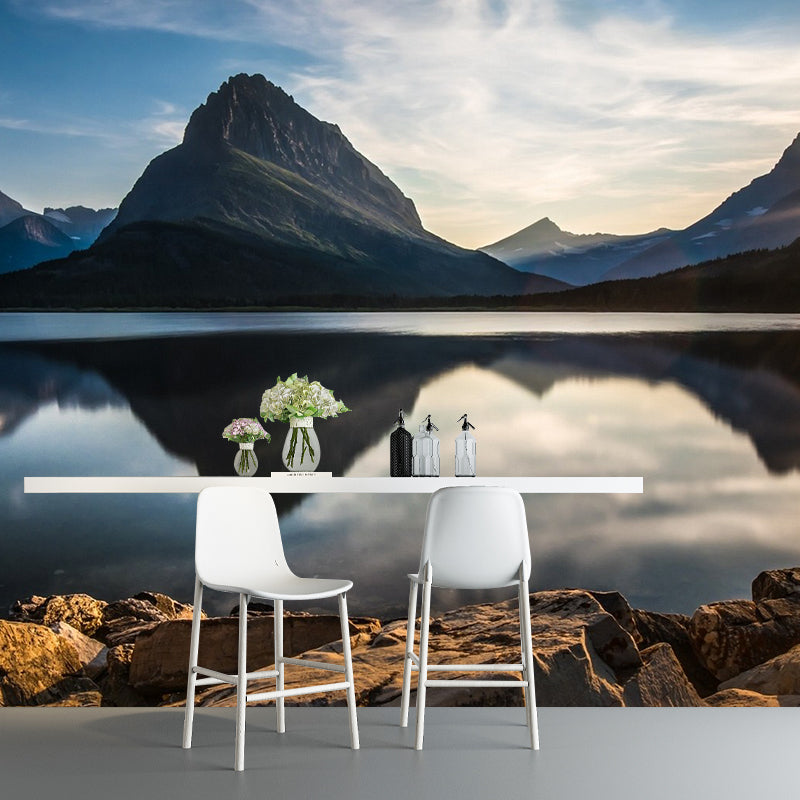 Sunrise Mountain Lake Reflection Mural Brown Modernism Wall Covering for Bedroom