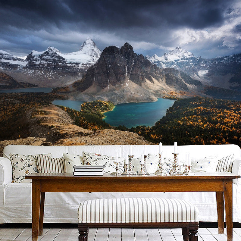 Grey Scenery Wall Paper Mural River Mountain with Flower Field Modern Washable Wall Art