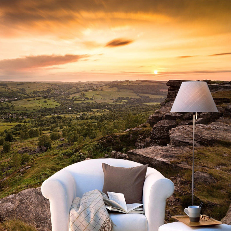 Big Modern Mural Wallpaper Brown Aerial Scenery of Village at Mountain Foot Wall Covering, Made to Measure