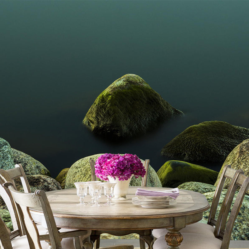 Contemporary Stone River Shore Mural for Ceiling Personalized Wall Decor in Green