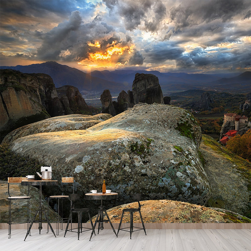 Brown Modern Wallpaper Mural Huge Sunset View from Mountain Peak Wall Covering for Bedroom