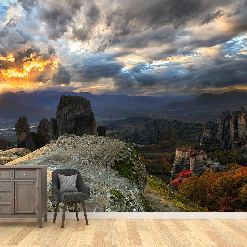 Brown Modern Wallpaper Mural Huge Sunset View from Mountain Peak Wall Covering for Bedroom