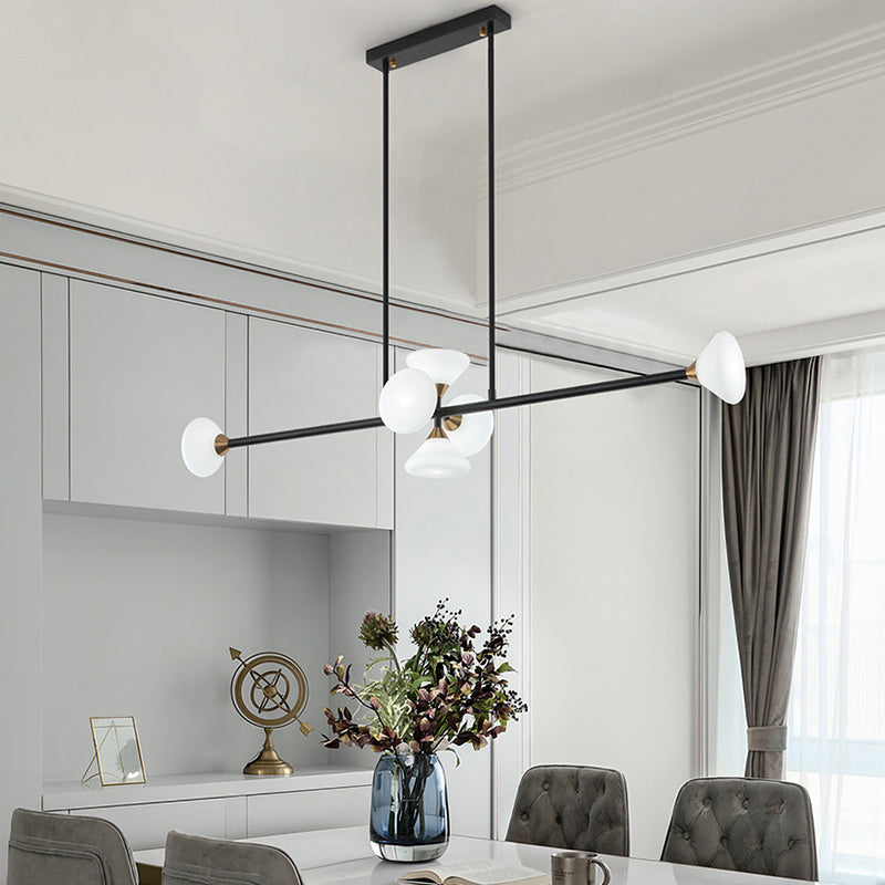 Modern 6/10-Head LED Island Pendant with White Glass Shade Black Linear Ceiling Light Fixture in Warm/White Light