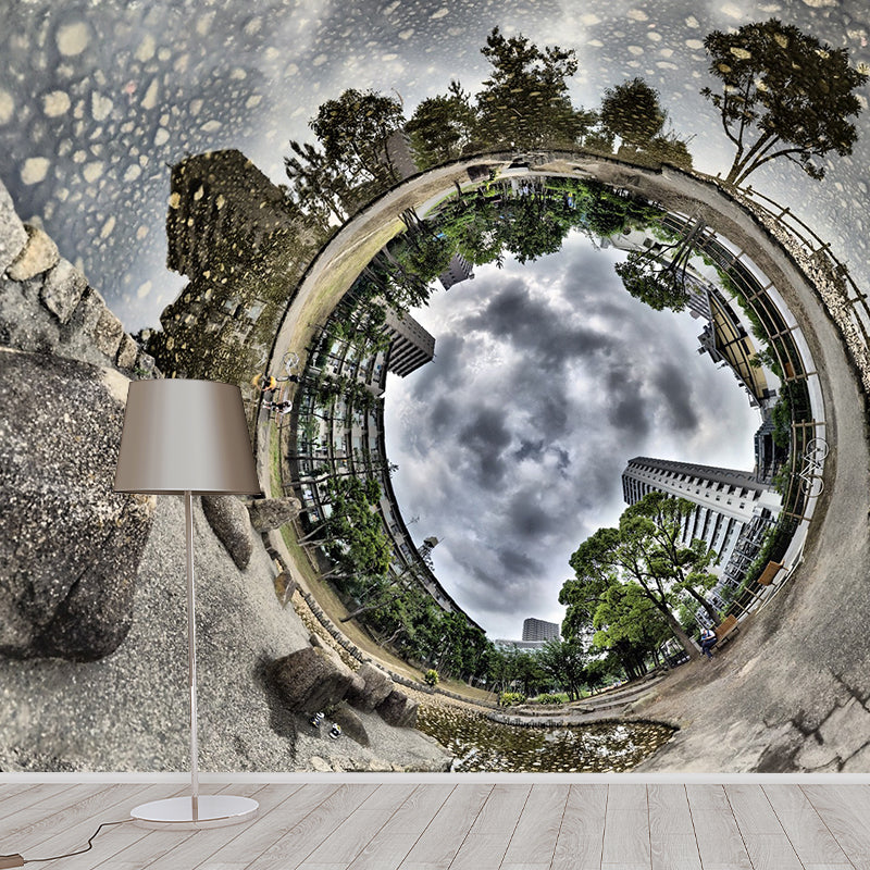 Well to Future City Mural Brown Modern Style Wall Art for Living Room, Made to Measure