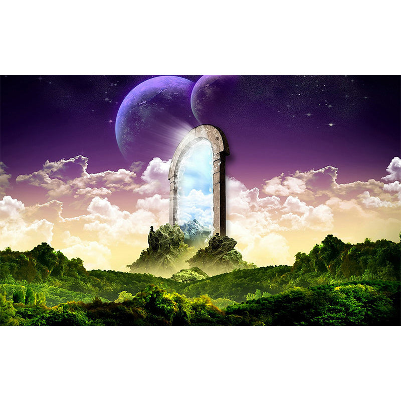 Large Nightfall Mountain Mural Modern Magic Arched Entrance to the North Wall Art in Green