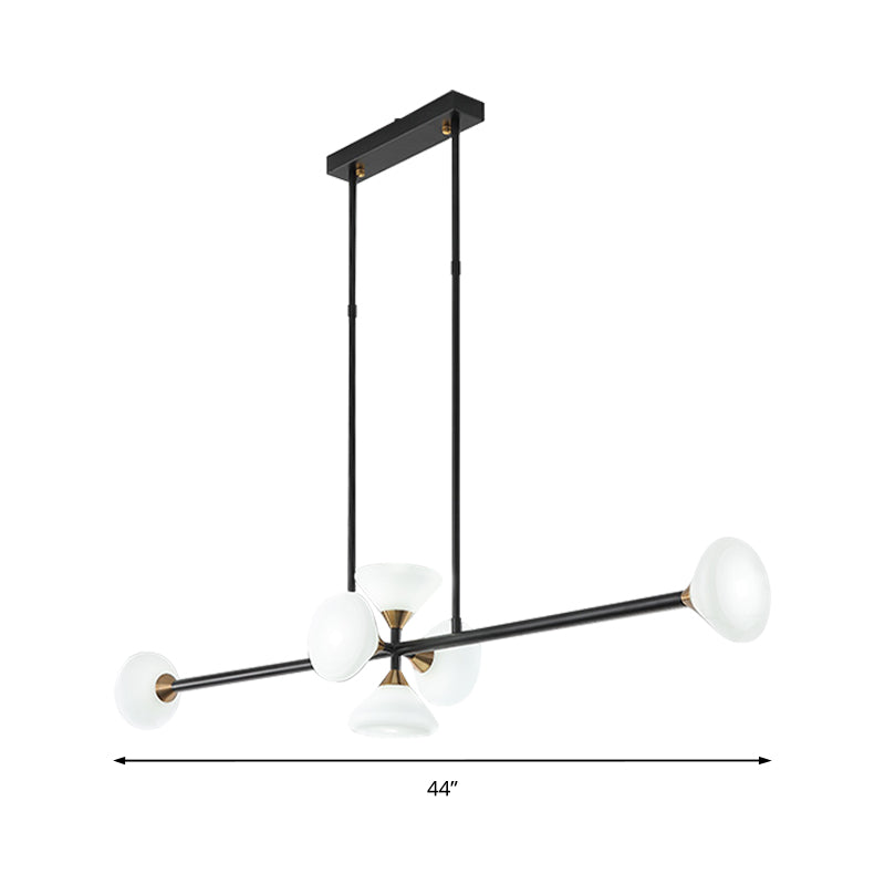Modern 6/10-Head LED Island Pendant with White Glass Shade Black Linear Ceiling Light Fixture in Warm/White Light