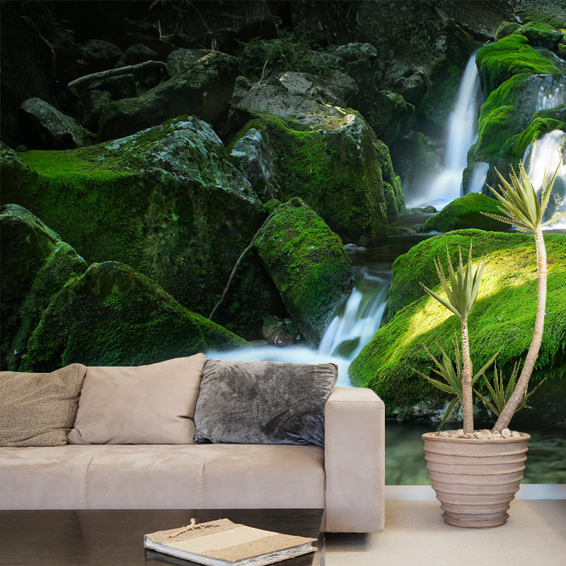 Waterfall with Moss Stone Mural Decal Green Modernism Wall Covering for Home Gallery