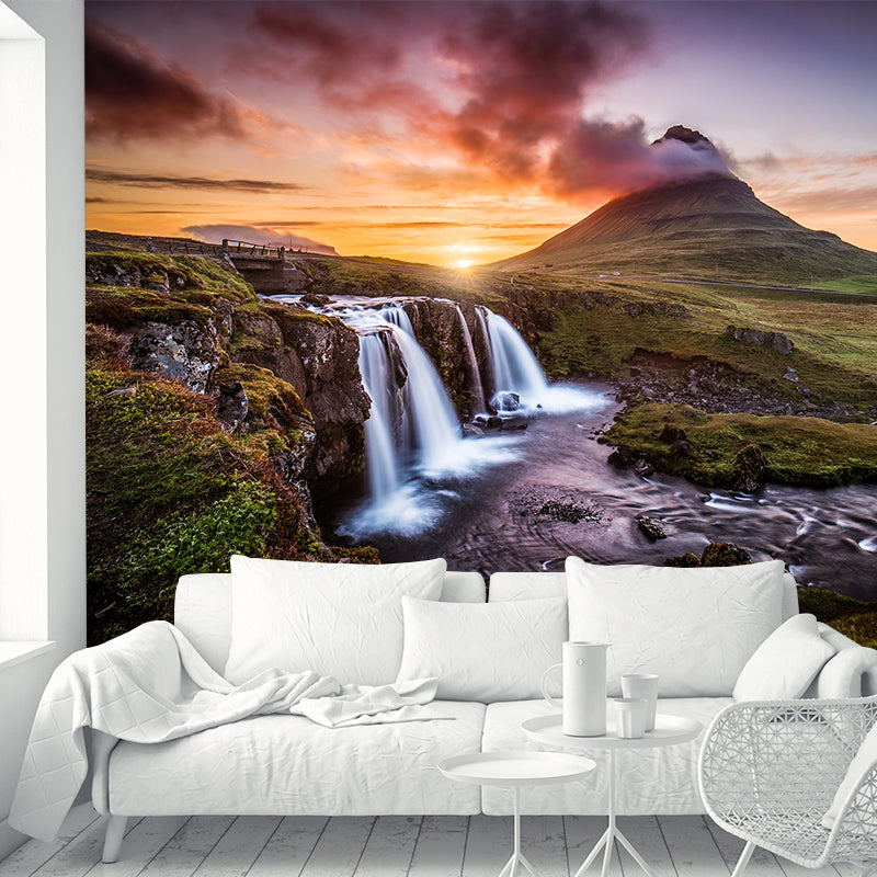 Modern Sunset Waterfall Landscape Mural Brown Living Room Wall Art, Personalized Size