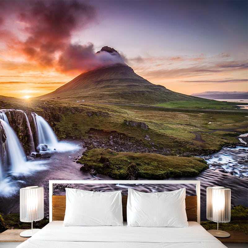 Modern Sunset Waterfall Landscape Mural Brown Living Room Wall Art, Personalized Size