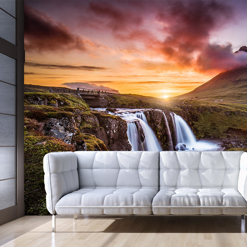 Modern Sunset Waterfall Landscape Mural Brown Living Room Wall Art, Personalized Size