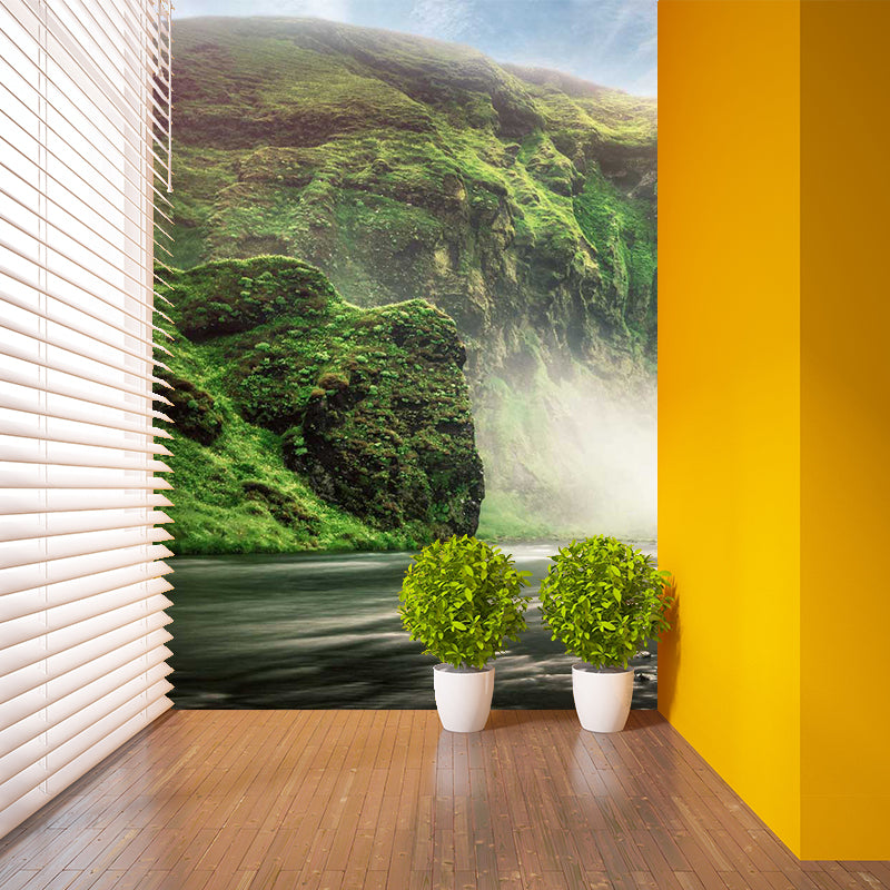 Big Waterfall Wall Paper Mural Stain-Proof Modern Style Living Room Wall Decor in Green
