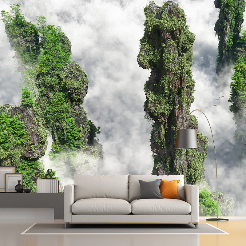 Foggy Cliffs Aerial View Mural Wallpaper Modernist PVC Wall Covering in Green for Home
