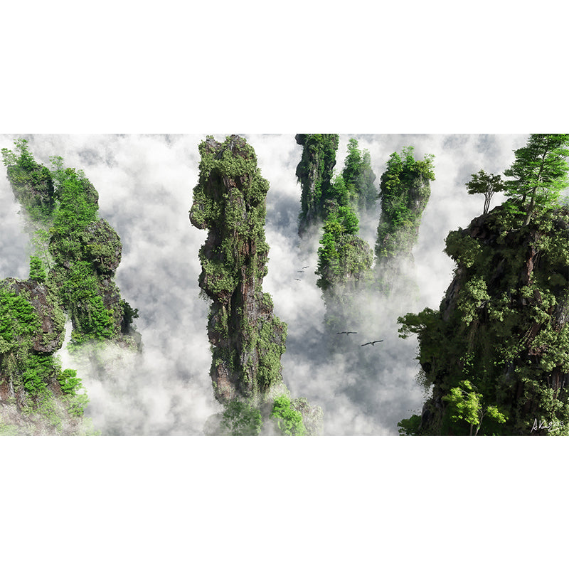 Foggy Cliffs Aerial View Mural Wallpaper Modernist PVC Wall Covering in Green for Home